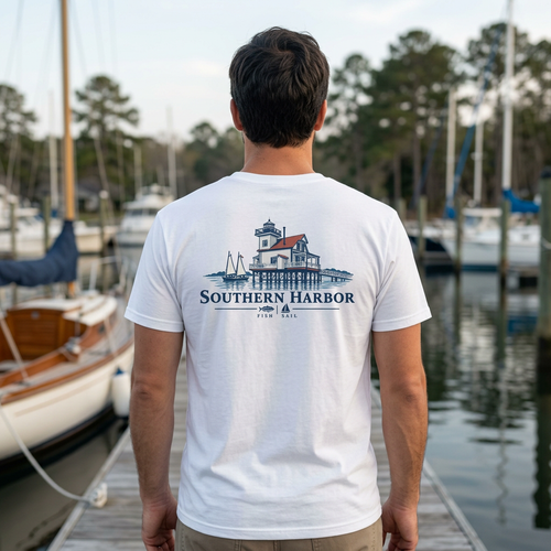 AI lifestyle mockup of the Southern Harbor Bay Collection tee